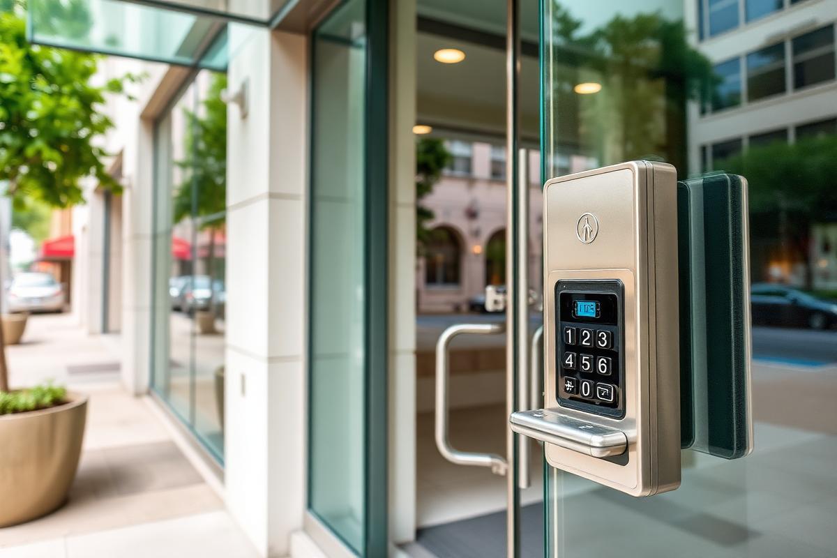 Commercial keypad on a glass door